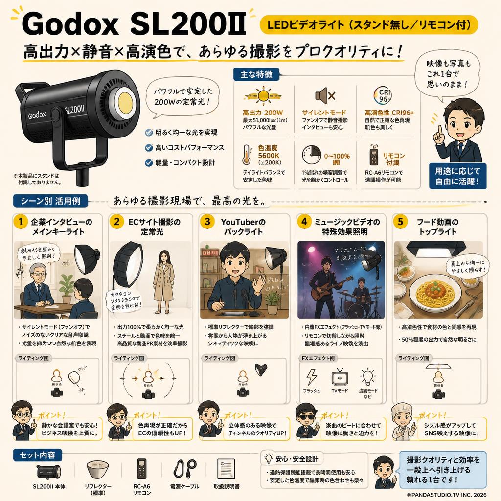 Godox SL200II LEDビデオライト(スタンド無し/リモコン付) 用途