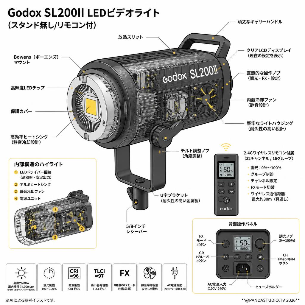 Godox SL200II LEDビデオライト(スタンド無し/リモコン付) スペック