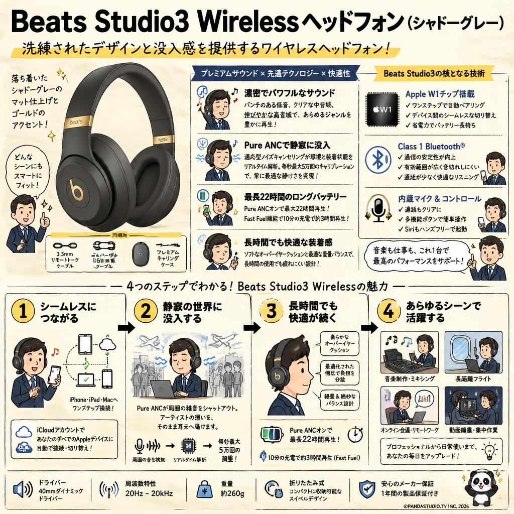 Beats Studio3 Wirelessヘッドフォン（シャドーグレー） | パンダ