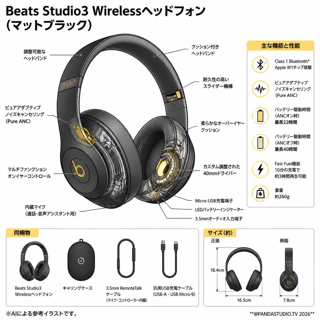 Beats Studio3 Wirelessヘッドフォン（マットブラック） スペック