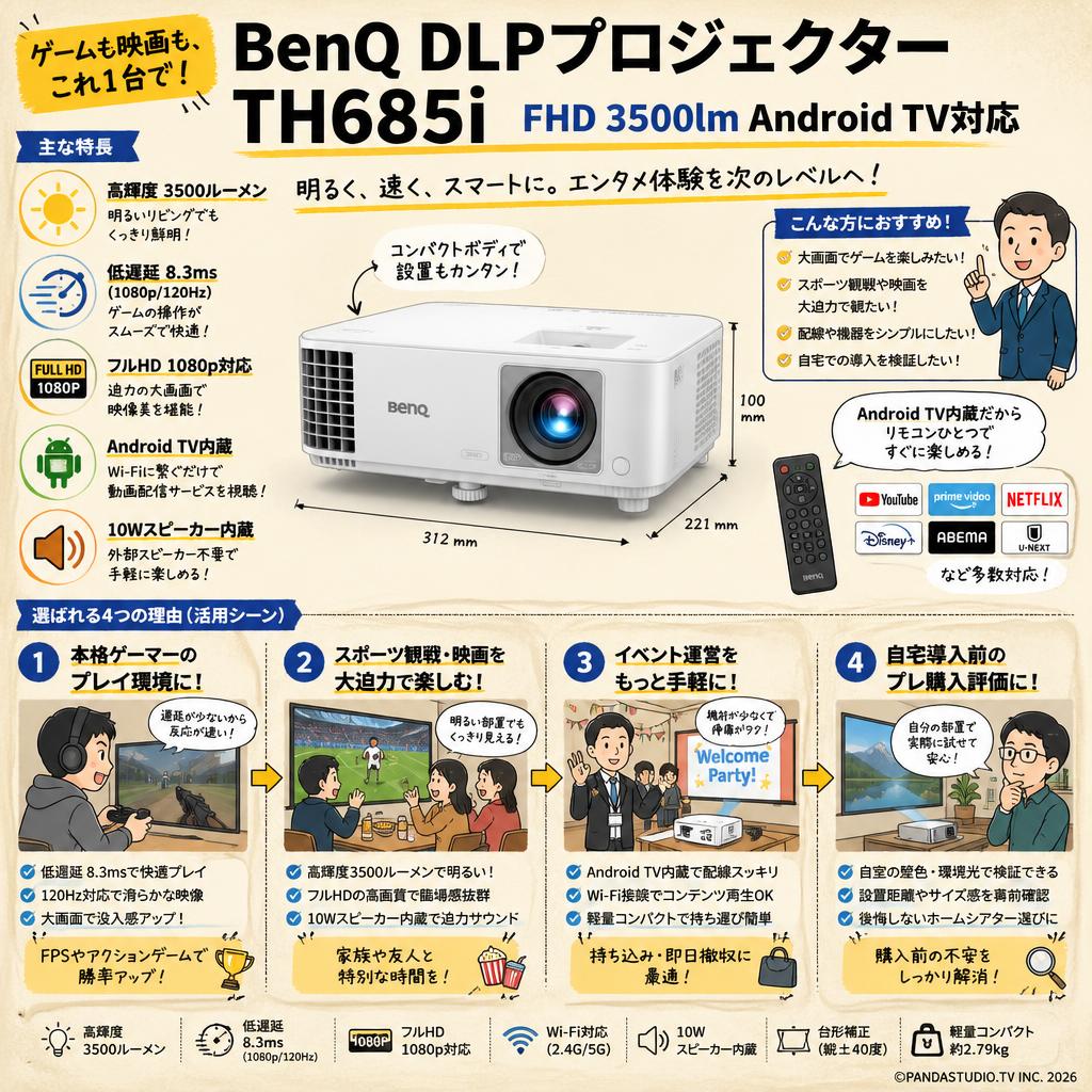 BenQ  DLPプロジェクターTH685i FHD 3500lm Android TV対応 おもな対象のお客様