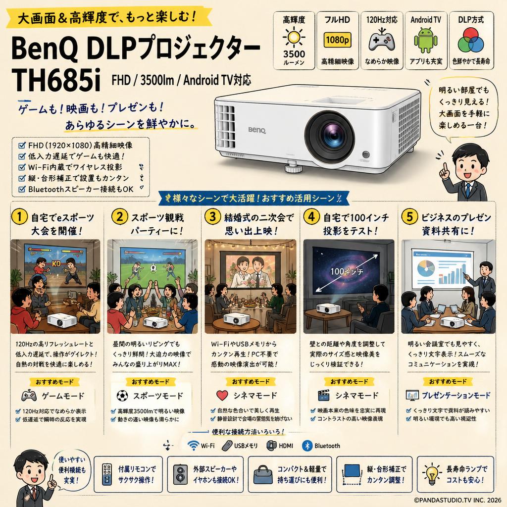 BenQ  DLPプロジェクターTH685i FHD 3500lm Android TV対応 用途