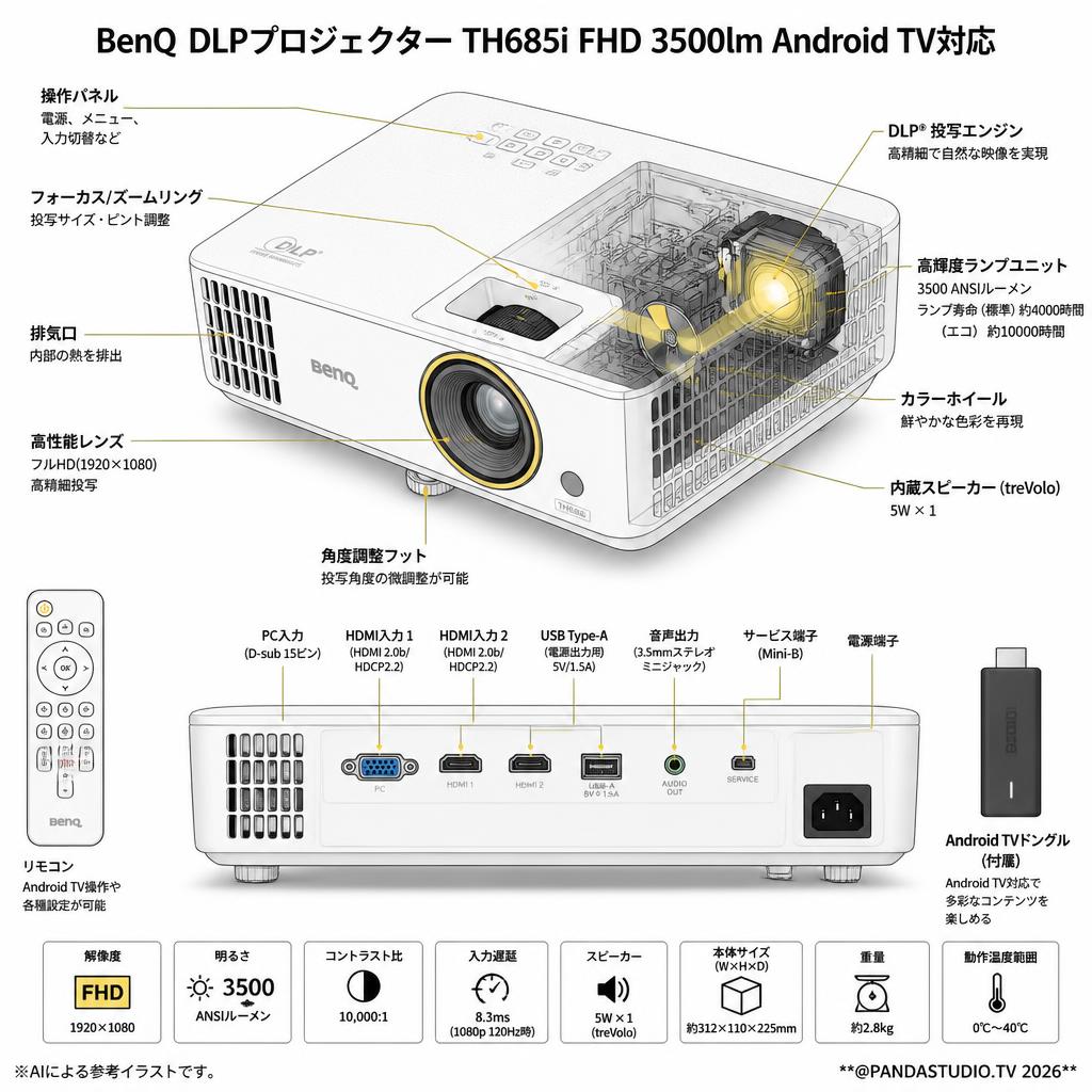 BenQ  DLPプロジェクターTH685i FHD 3500lm Android TV対応 スペック