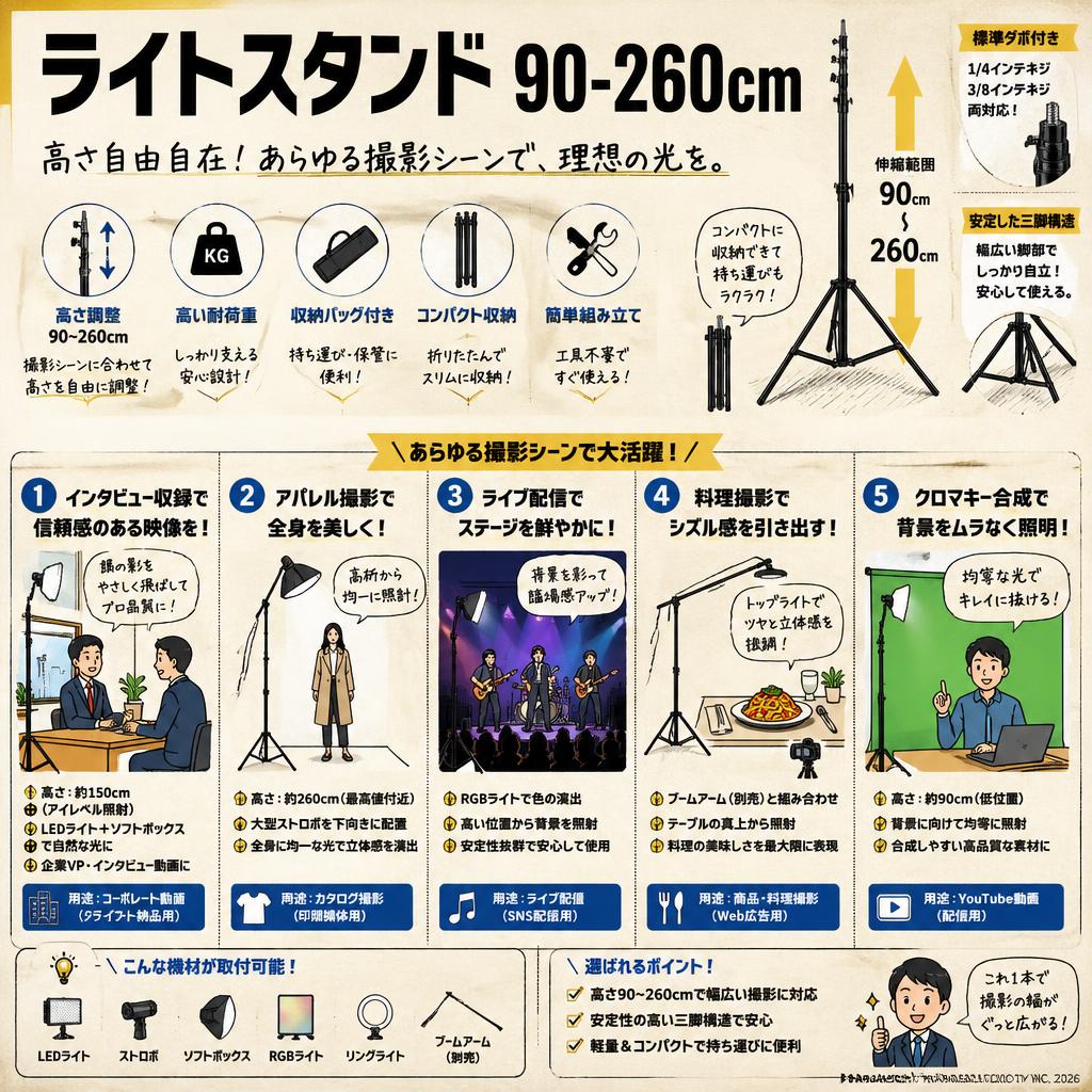 ライトスタンド 90-260cm 用途