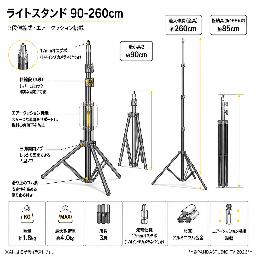 ライトスタンド 90-260cm スペック