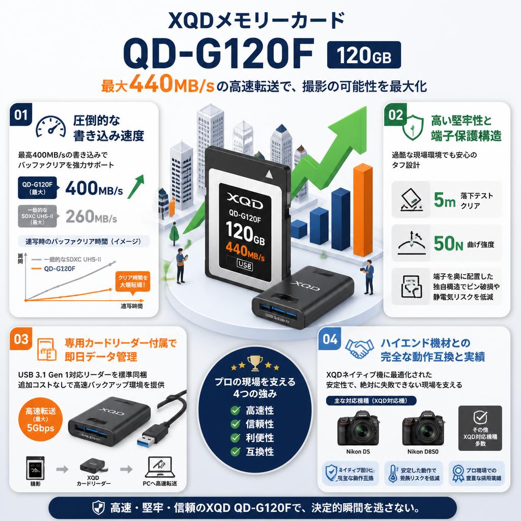 XQDメモリーカード QD-G120F 120GB 440MB/s セールスポイント