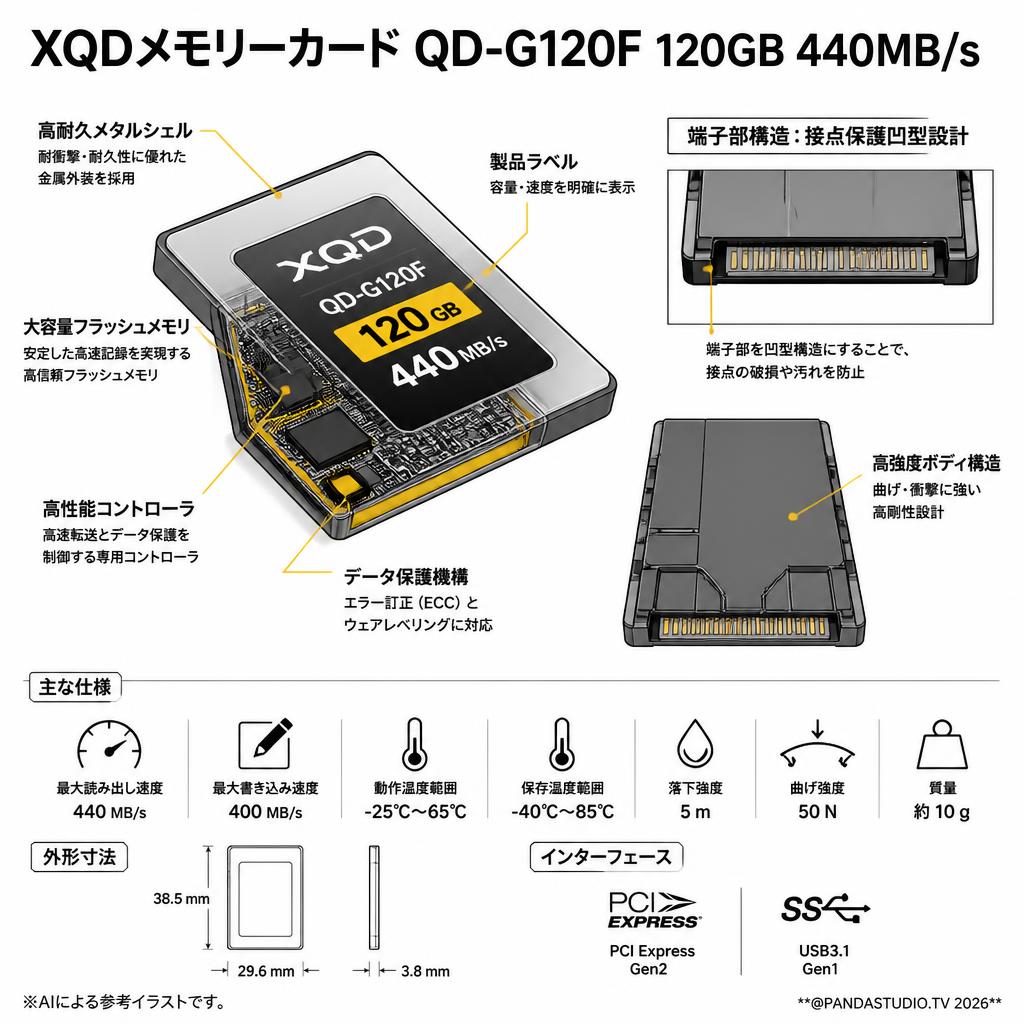XQDメモリーカード QD-G120F 120GB 440MB/s スペック