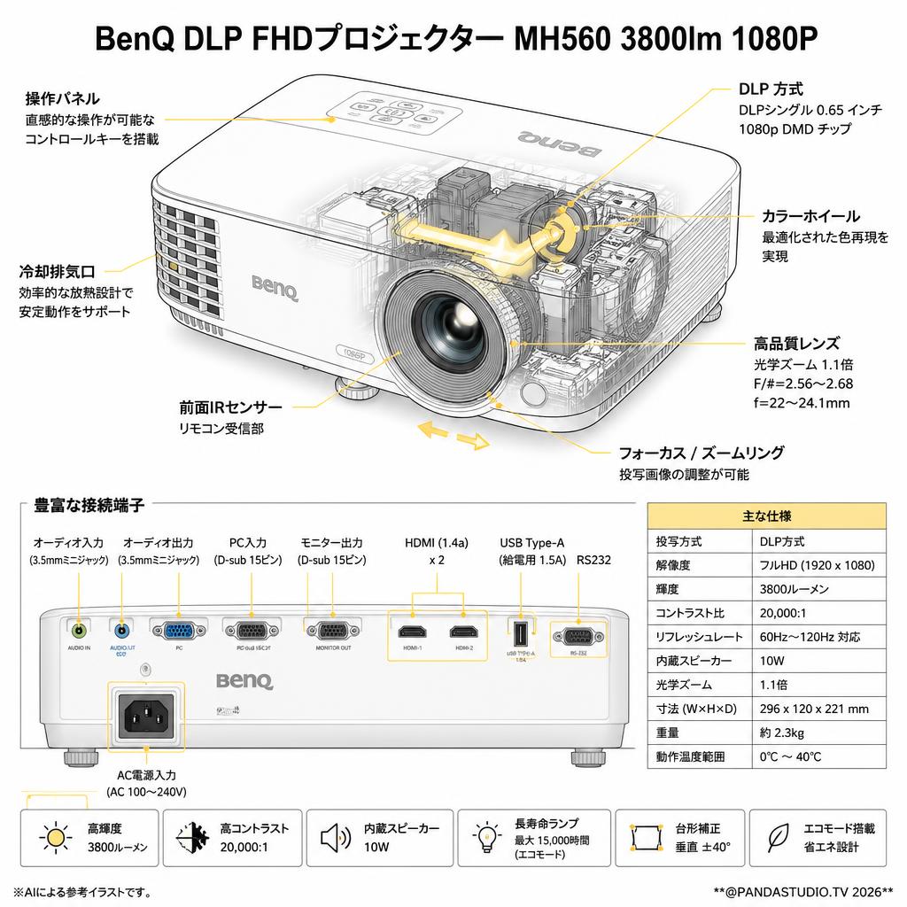 BenQ DLP FHDプロジェクターMH560 3800lm 1080P スペック