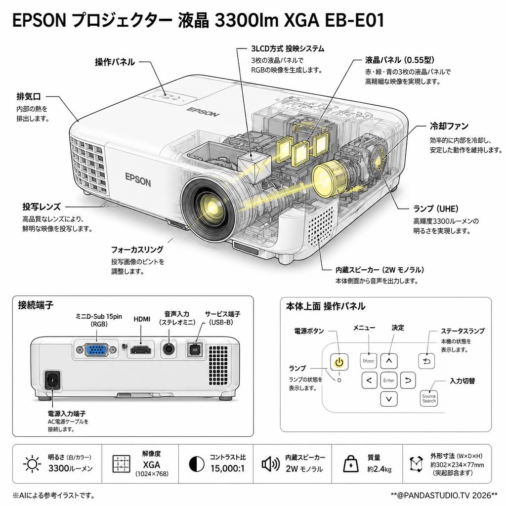 EPSON プロジェクター 液晶 3300lm XGA EB-E01 スペック