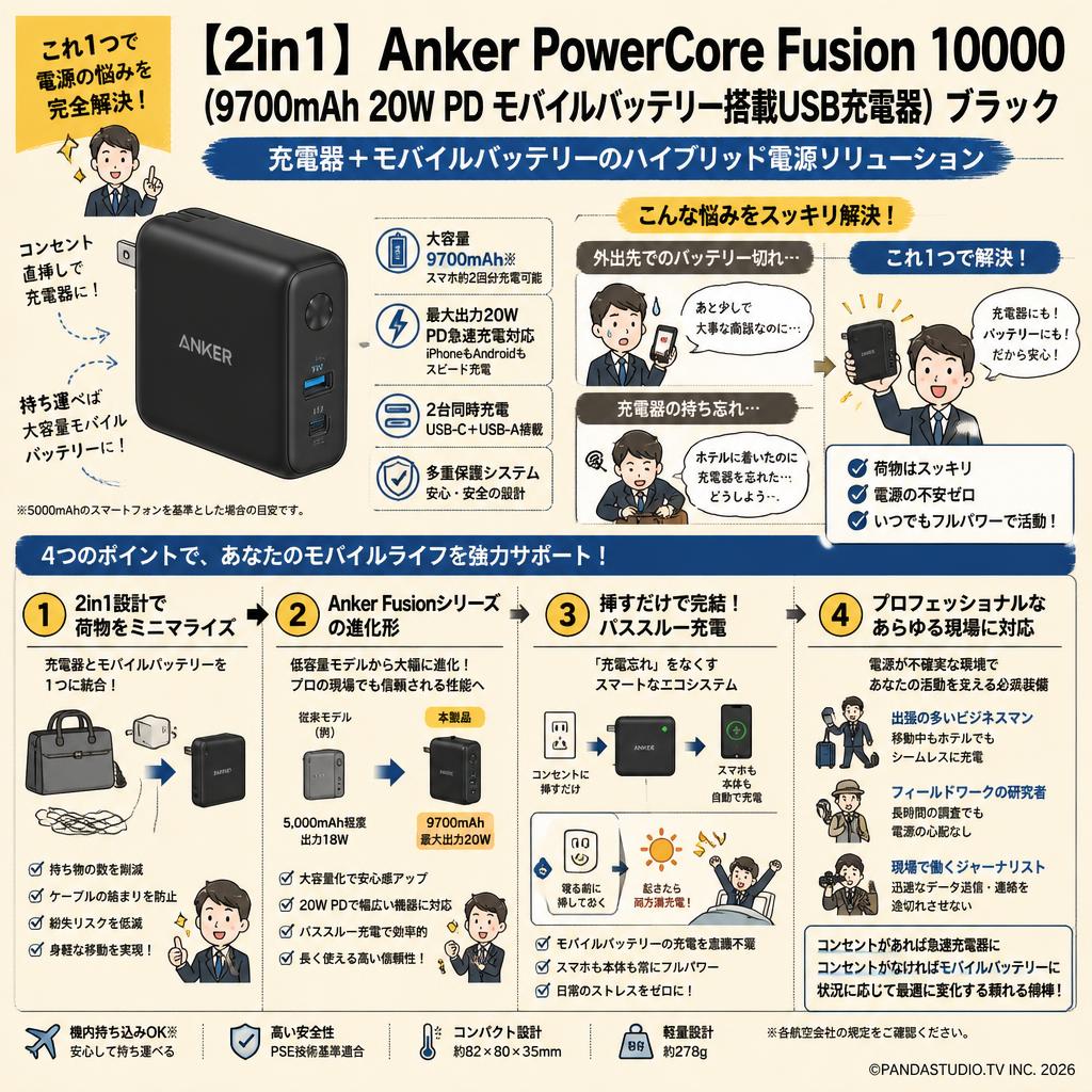 【2in1】 Anker PowerCore Fusion 10000 (9700mAh 20W PD モバイルバッテリー搭載USB充電器）ブラック 概要