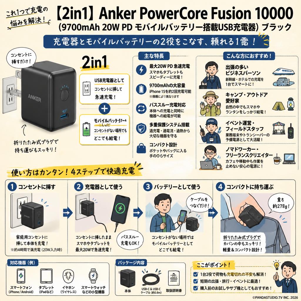 【2in1】 Anker PowerCore Fusion 10000 (9700mAh 20W PD モバイルバッテリー搭載USB充電器）ブラック おもな対象のお客様