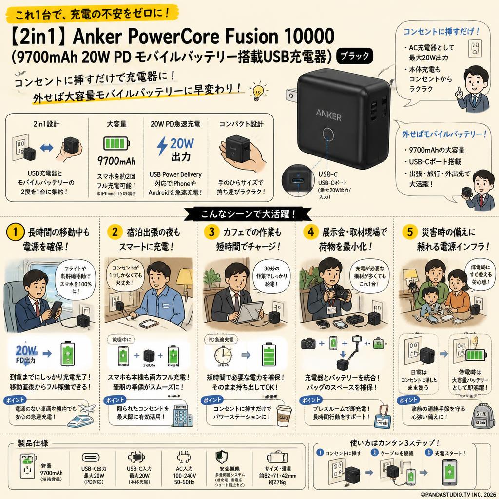 【2in1】 Anker PowerCore Fusion 10000 (9700mAh 20W PD モバイルバッテリー搭載USB充電器）ブラック 用途