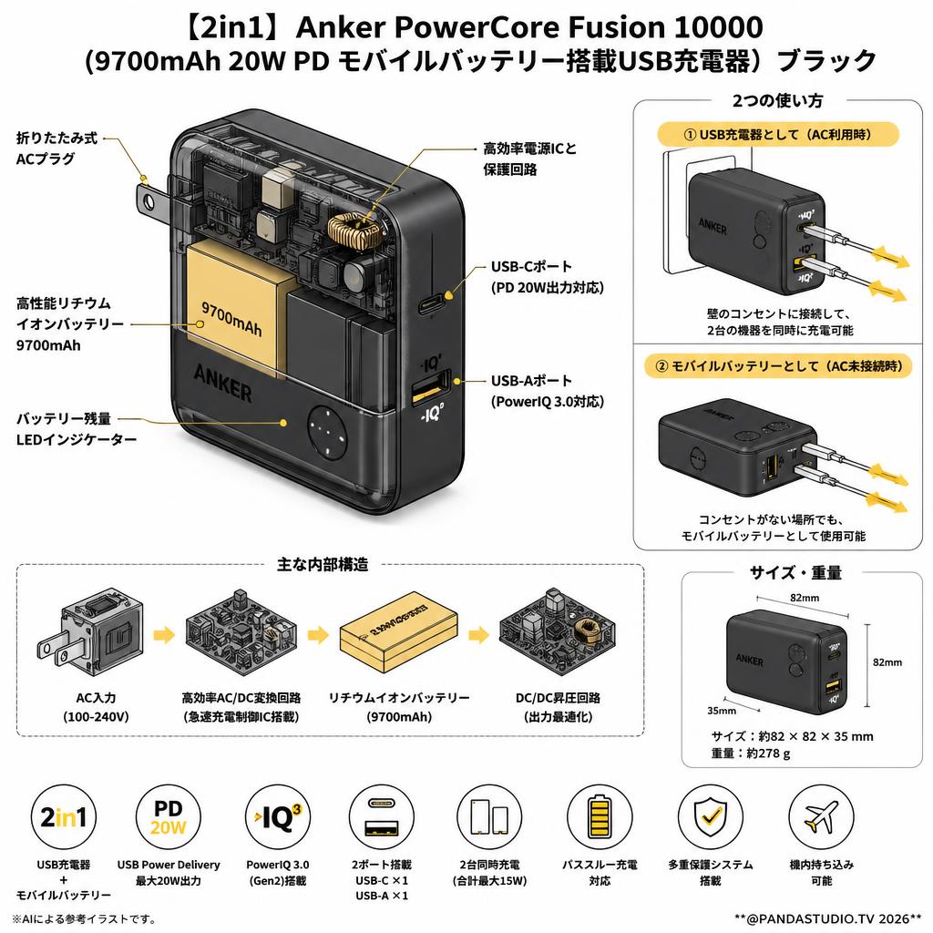 【2in1】 Anker PowerCore Fusion 10000 (9700mAh 20W PD モバイルバッテリー搭載USB充電器）ブラック スペック