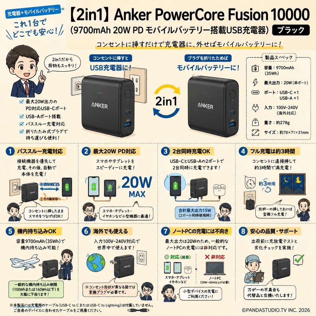 【2in1】 Anker PowerCore Fusion 10000 (9700mAh 20W PD モバイルバッテリー搭載USB充電器）ブラック FAQ（よくある質問と答え）