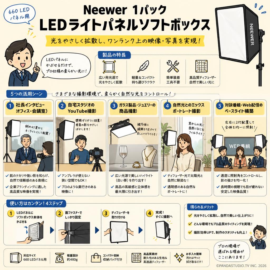Neewer 1パックLEDライトパネルソフトボックス 660 LEDパネル用 用途