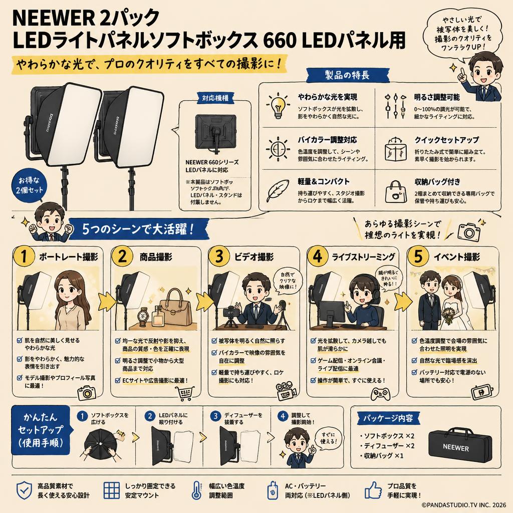 Neewer 2パックLEDライトパネルソフトボックス 660 LEDパネル用 用途