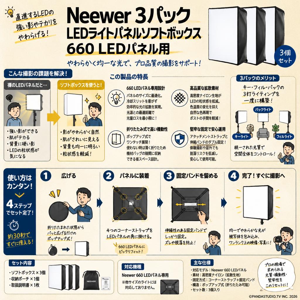 Neewer 3パックLEDライトパネルソフトボックス 660 LEDパネル用 概要
