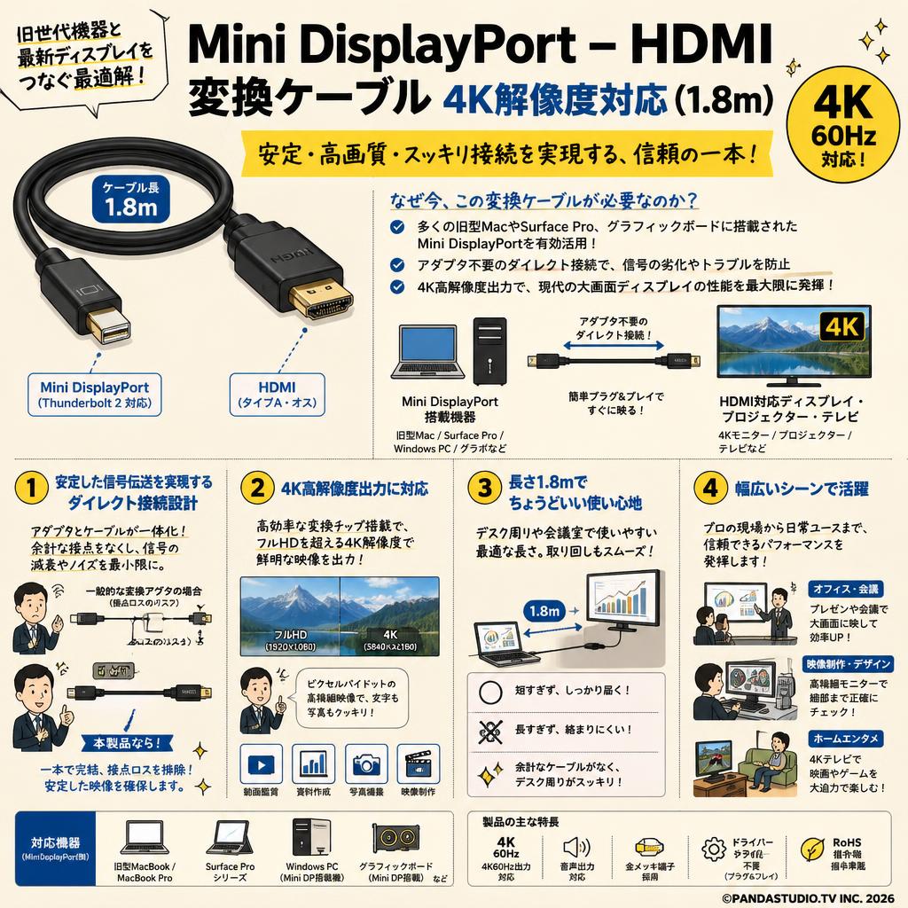 Mini DisplayPort – HDMI 変換ケーブル 4K解像度対応(1.8m) 概要