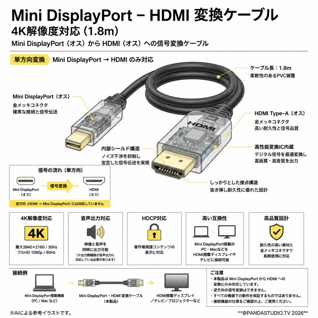 Mini DisplayPort – HDMI 変換ケーブル 4K解像度対応(1.8m) スペック