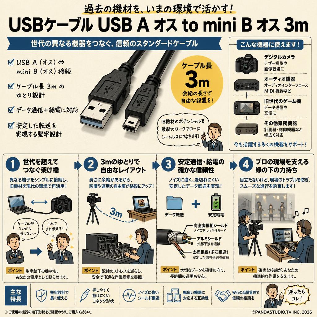 USBケーブル USB A オス to mini B オス 3m 概要