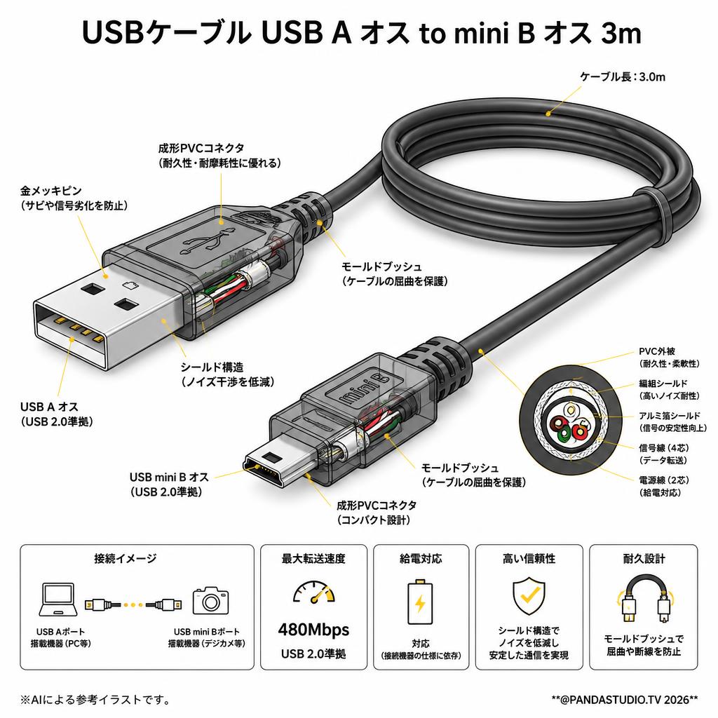 USBケーブル USB A オス to mini B オス 3m スペック