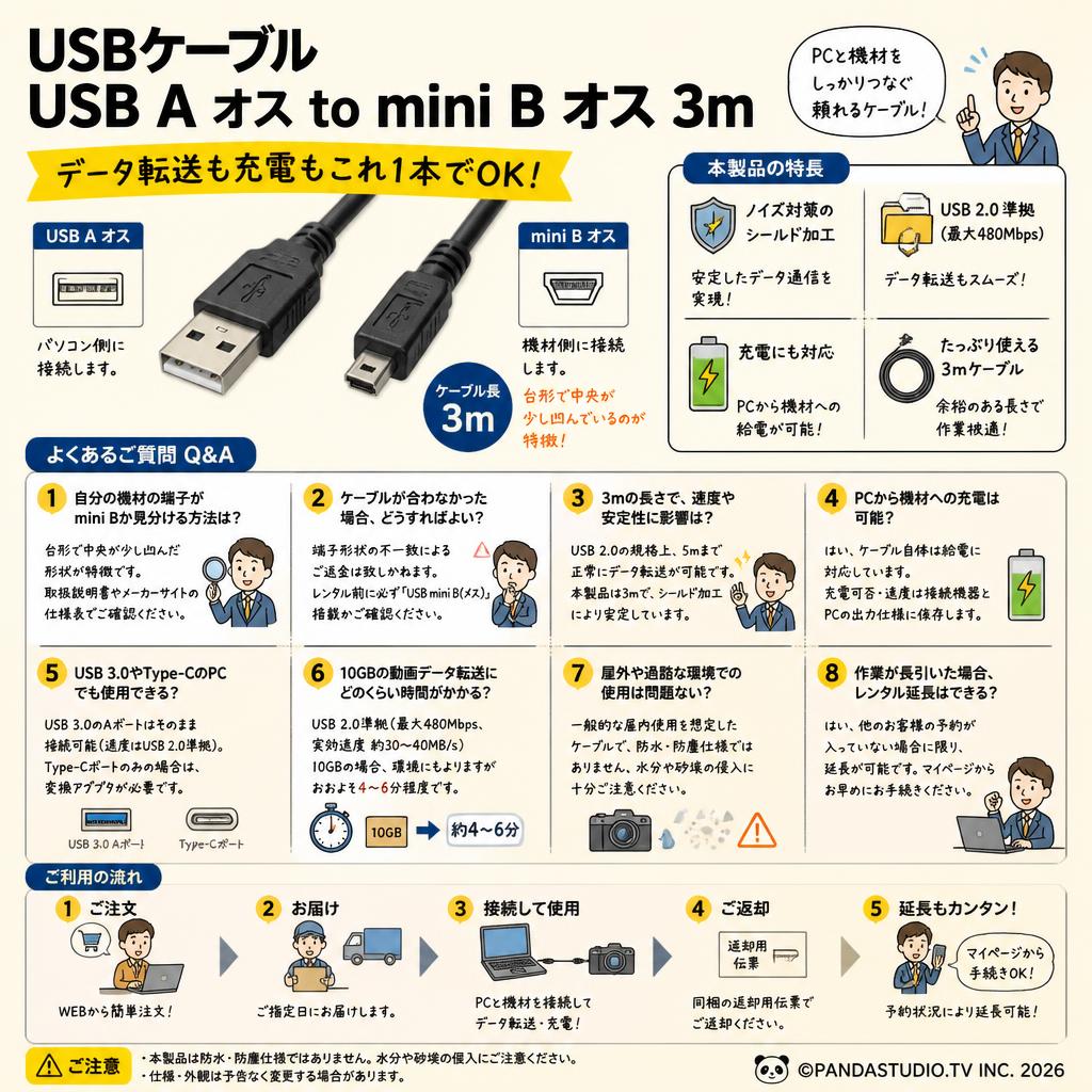 USBケーブル USB A オス to mini B オス 3m FAQ（よくある質問と答え）