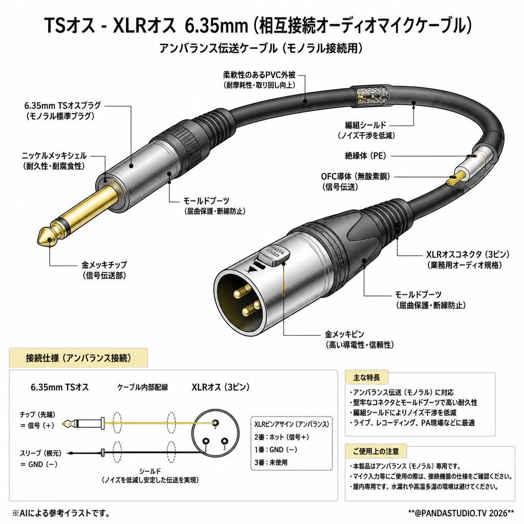 TSオス - XLRオス  6.35mm (相互接続オーディオマイクケーブル) スペック