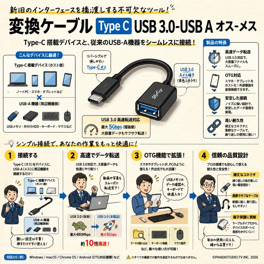 変換ケーブル Type C USB 3.0-USB A オス-メス 概要