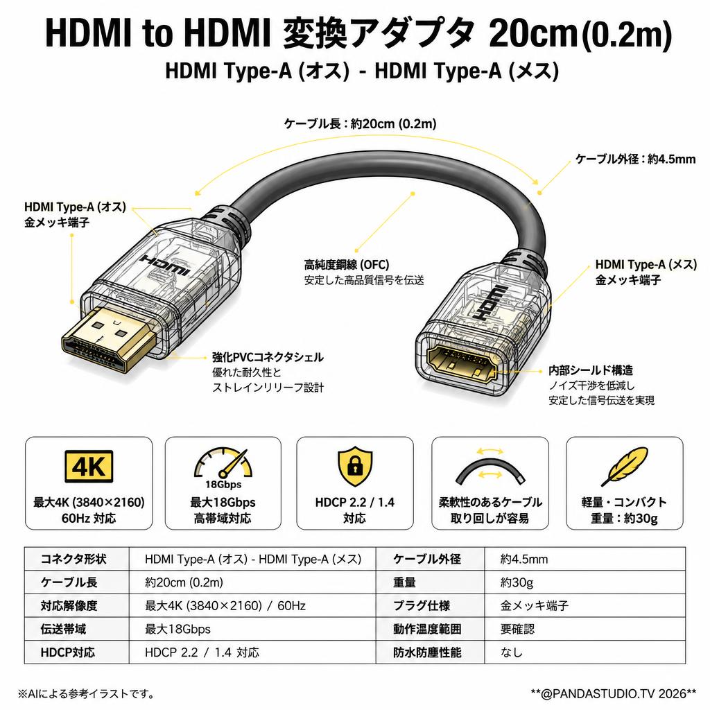 HDMI to HDMI 変換アダプタ 20cm(0.2m) スペック