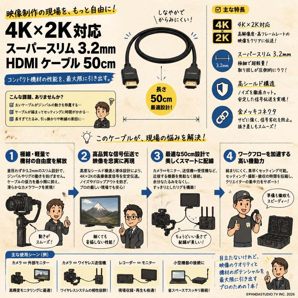 4K×2K対応 スーパースリム 3.2mm HDMI ケーブル 50cm 概要