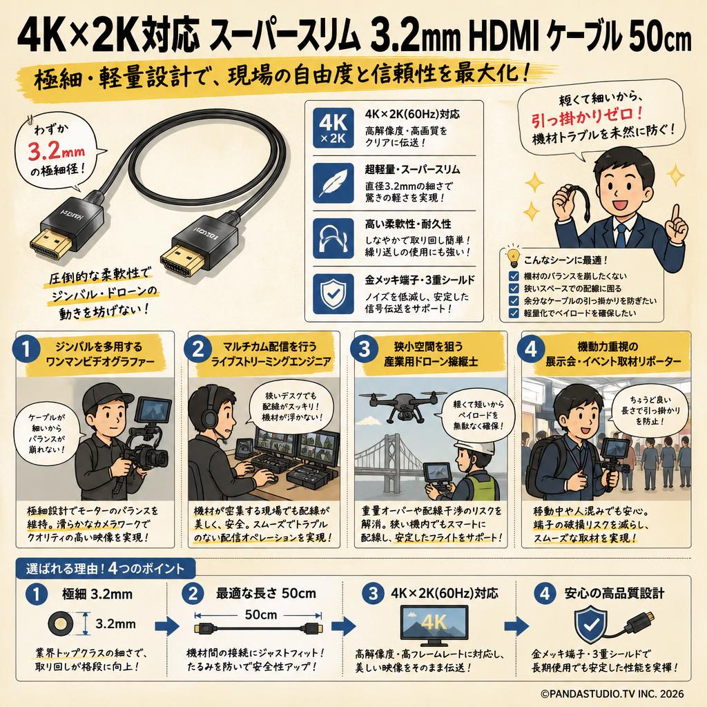4K×2K対応 スーパースリム 3.2mm HDMI ケーブル 50cm おもな対象のお客様