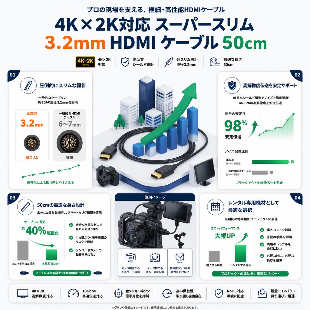 4K×2K対応 スーパースリム 3.2mm HDMI ケーブル 50cm セールスポイント