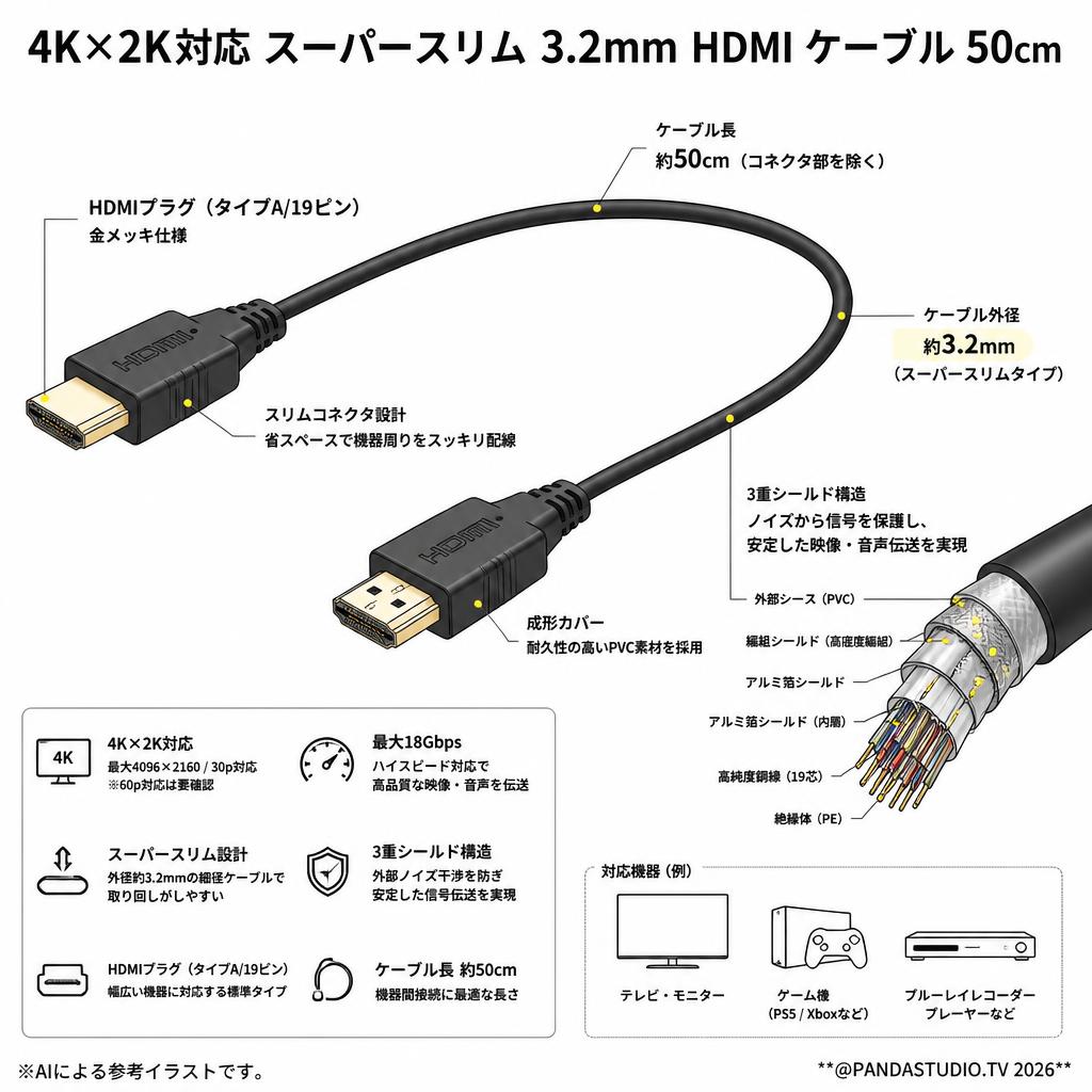 4K×2K対応 スーパースリム 3.2mm HDMI ケーブル 50cm スペック
