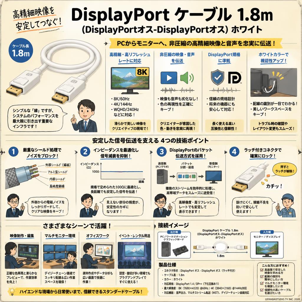 DisplayPort ケーブル 1.8m （DisplayPortオス-DisplayPortオス)ホワイト 概要