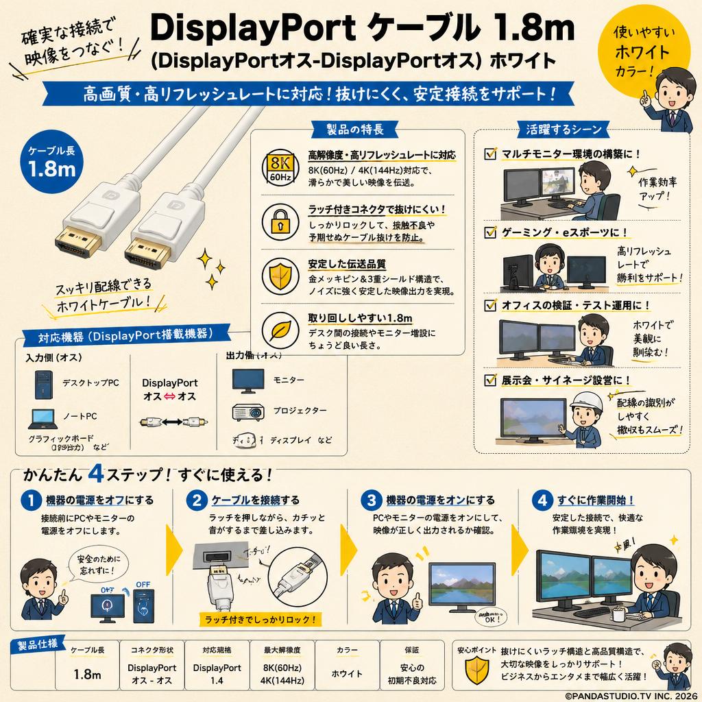 DisplayPort ケーブル 1.8m （DisplayPortオス-DisplayPortオス)ホワイト おもな対象のお客様