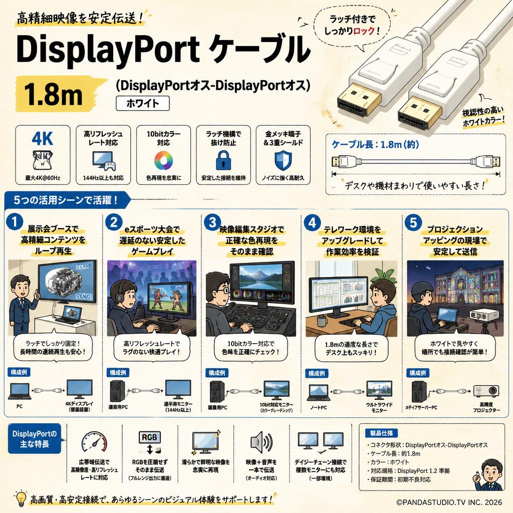 DisplayPort ケーブル 1.8m （DisplayPortオス-DisplayPortオス)ホワイト 用途