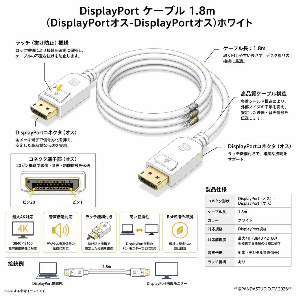 DisplayPort ケーブル 1.8m （DisplayPortオス-DisplayPortオス)ホワイト スペック