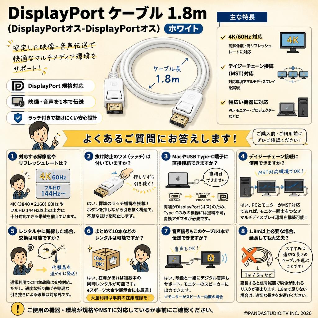 DisplayPort ケーブル 1.8m （DisplayPortオス-DisplayPortオス)ホワイト FAQ（よくある質問と答え）
