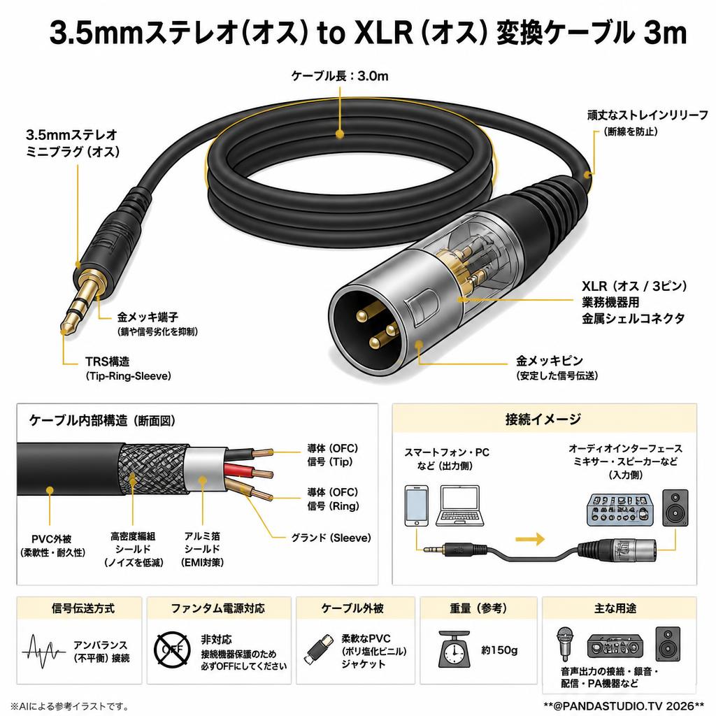 3.5mmステレオ(オス) to XLR (オス) 変換ケーブル 3m スペック