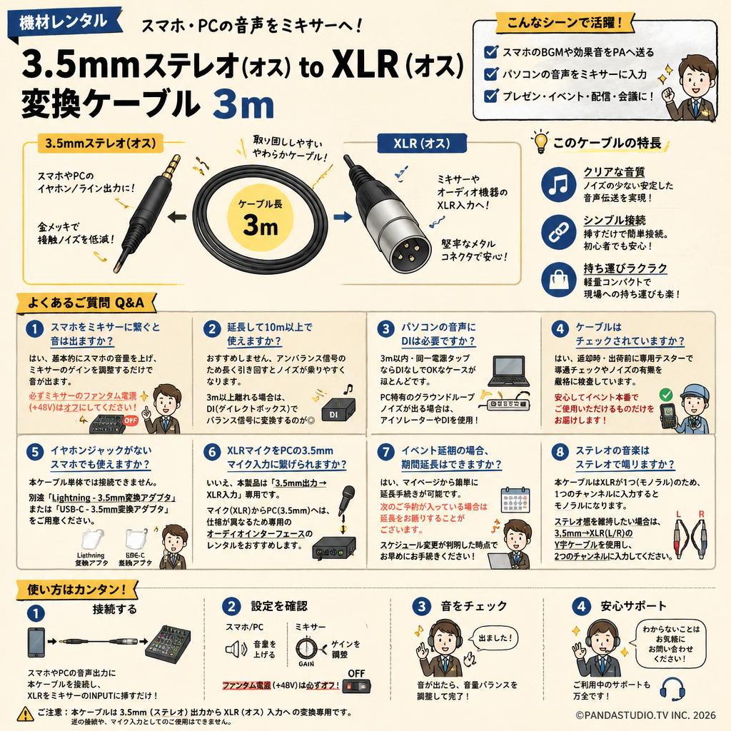 3.5mmステレオ(オス) to XLR (オス) 変換ケーブル 3m FAQ（よくある質問と答え）