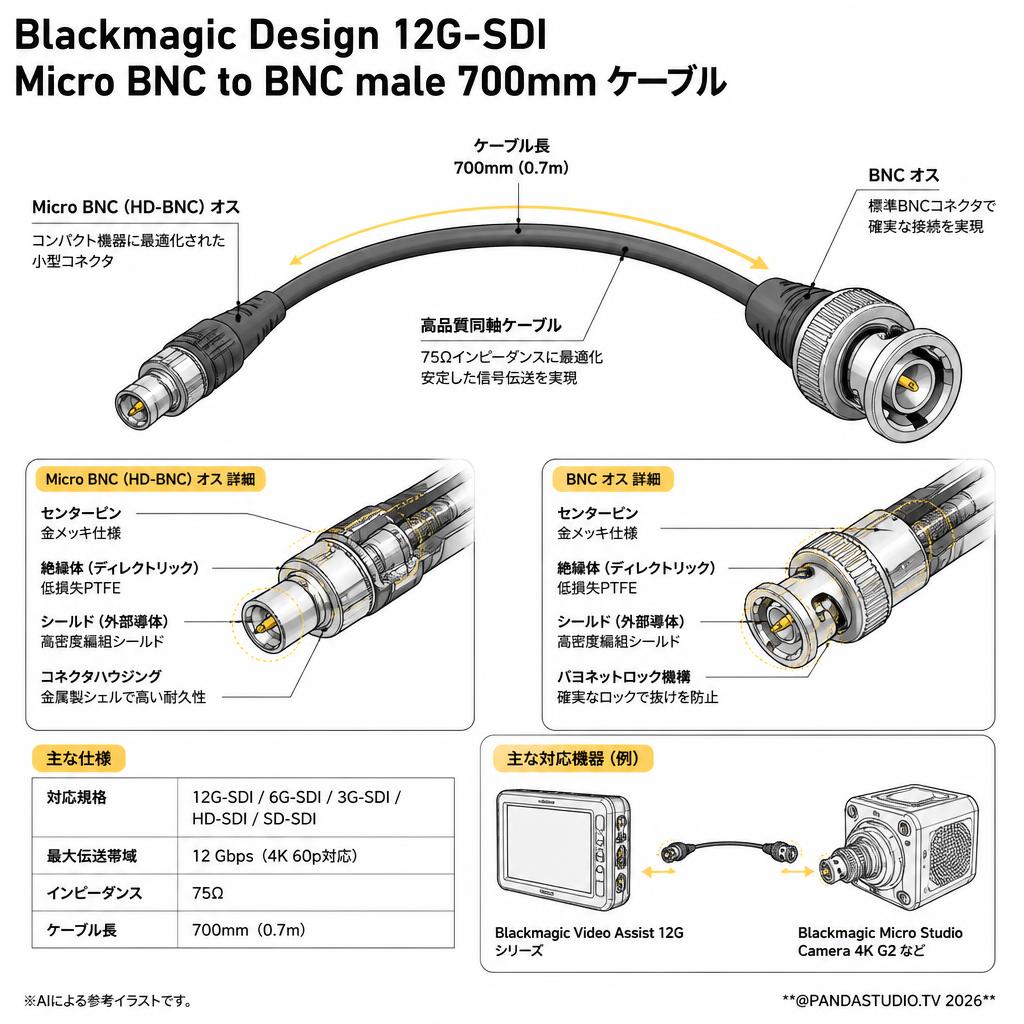Blackmagic Design 12G-SDI Micro BNC to BNC male 700mm ケーブル スペック