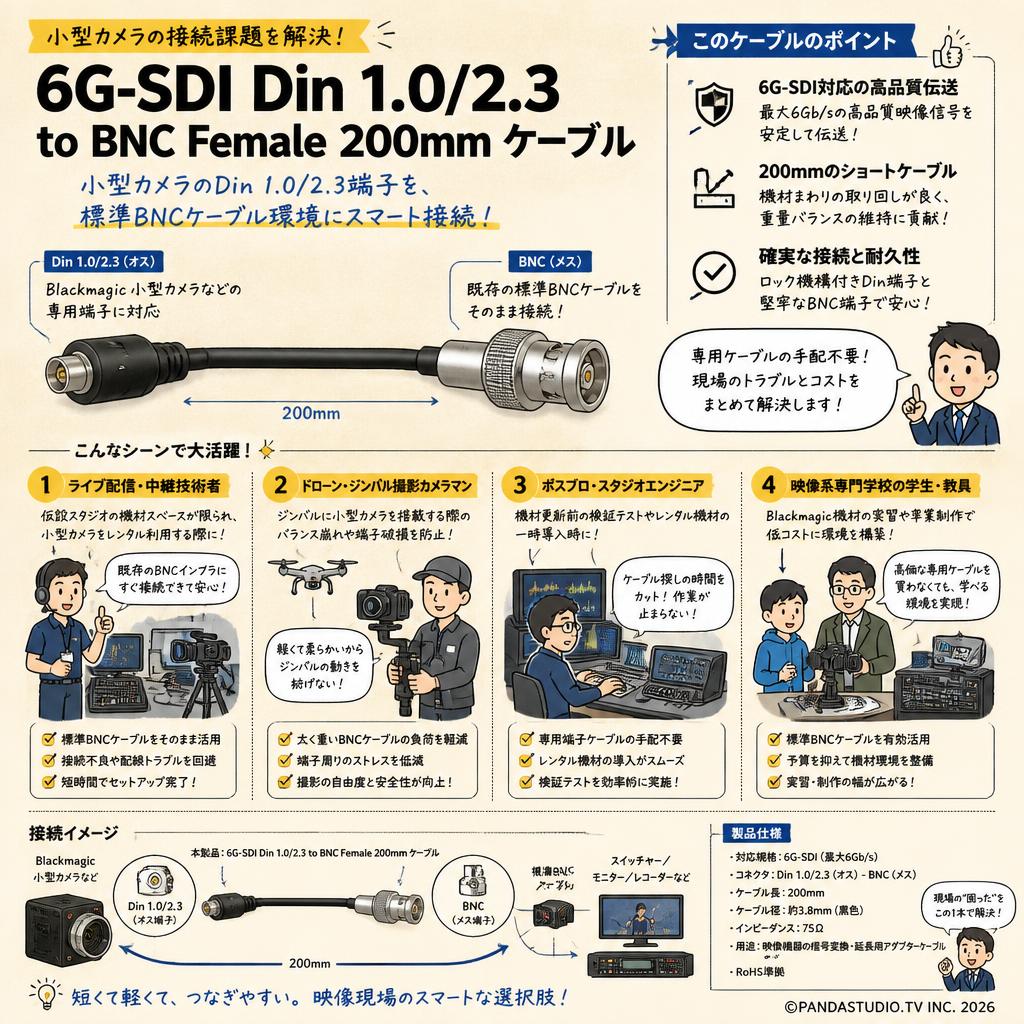 Blackmagic Design 6G-SDI Din 1.0/2.3 to BNC Female  200mm ケーブル おもな対象のお客様