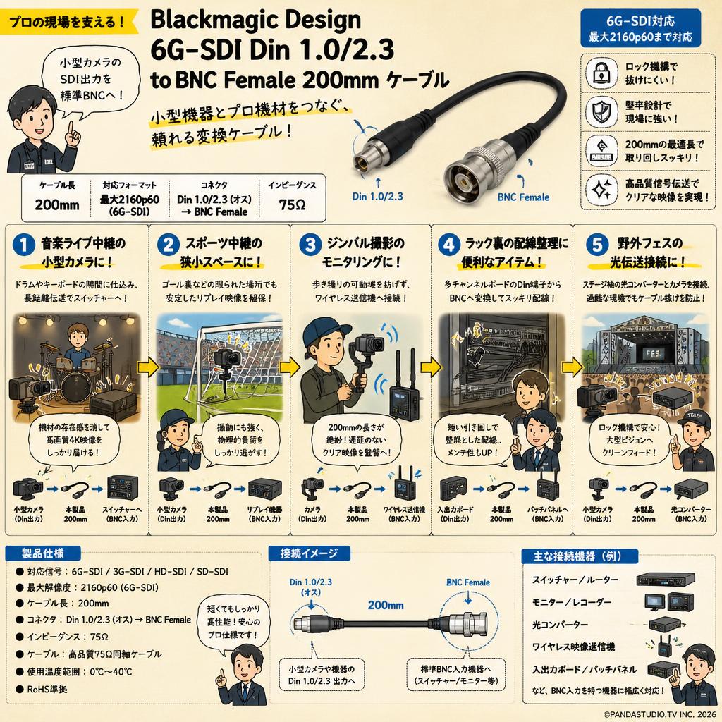 Blackmagic Design 6G-SDI Din 1.0/2.3 to BNC Female  200mm ケーブル 用途