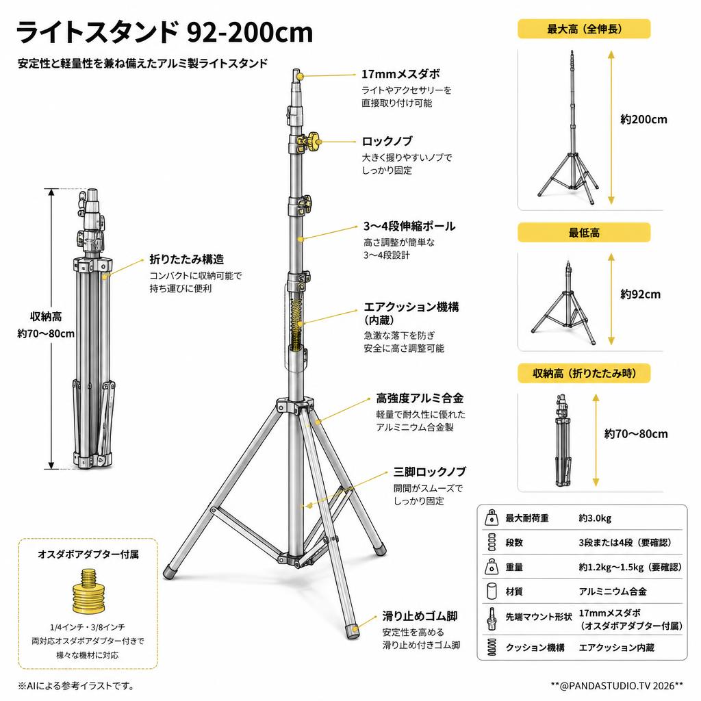 ライトスタンド 92-200cm スペック