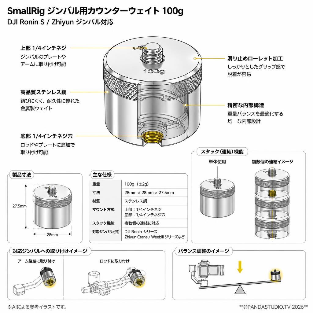 SmallRig DJI Ronin S/Zhiyunジンバルスタビライザー用カウンターウェイト 100g スペック