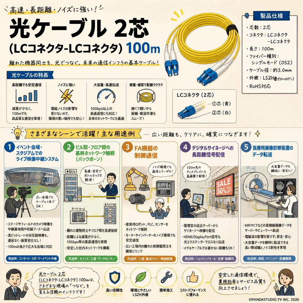 光ケーブル 2芯 (LCコネクタ-LCコネクタ) 100m 用途