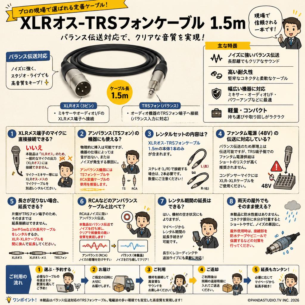 XLRオス-TRSフォンケーブル 1.5ｍ FAQ（よくある質問と答え）