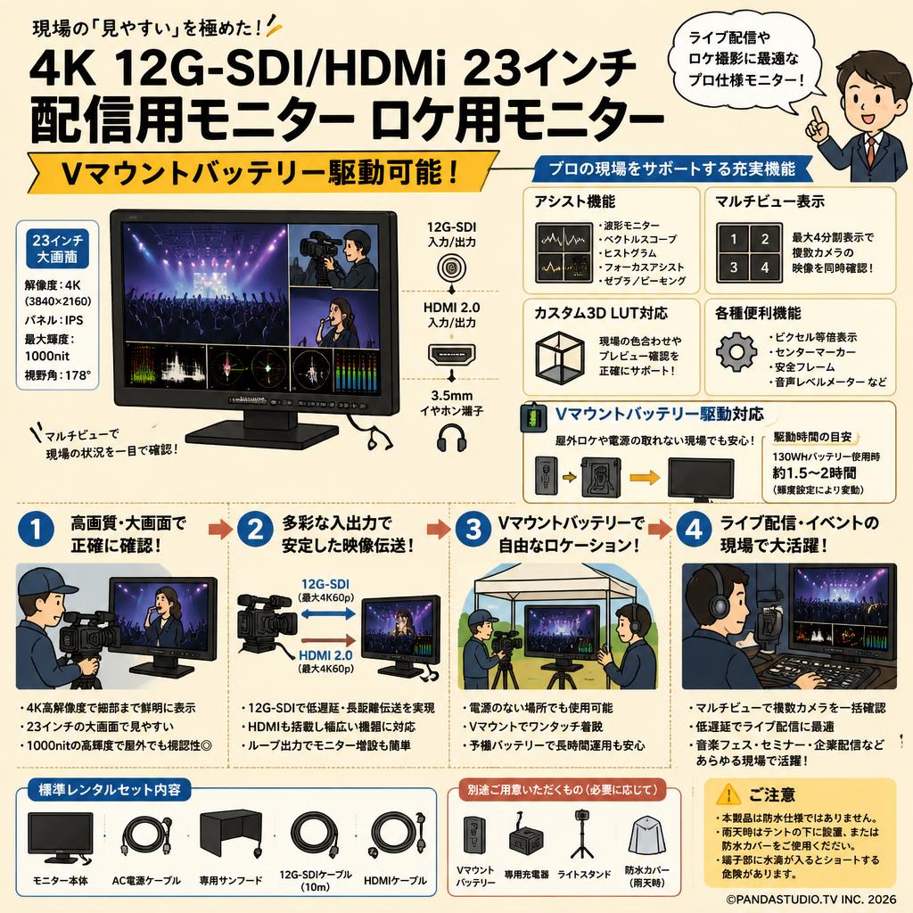 4K 12G-SDI/HDMi 23インチ配信用モニター ロケ用モニター Ｖマウントバッテリー駆動可能 FAQ（よくある質問と答え）