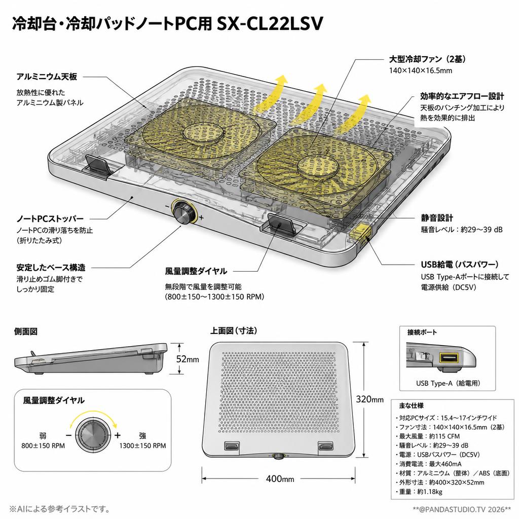 冷却台・冷却パッドノートPC用 SX-CL22LSV スペック