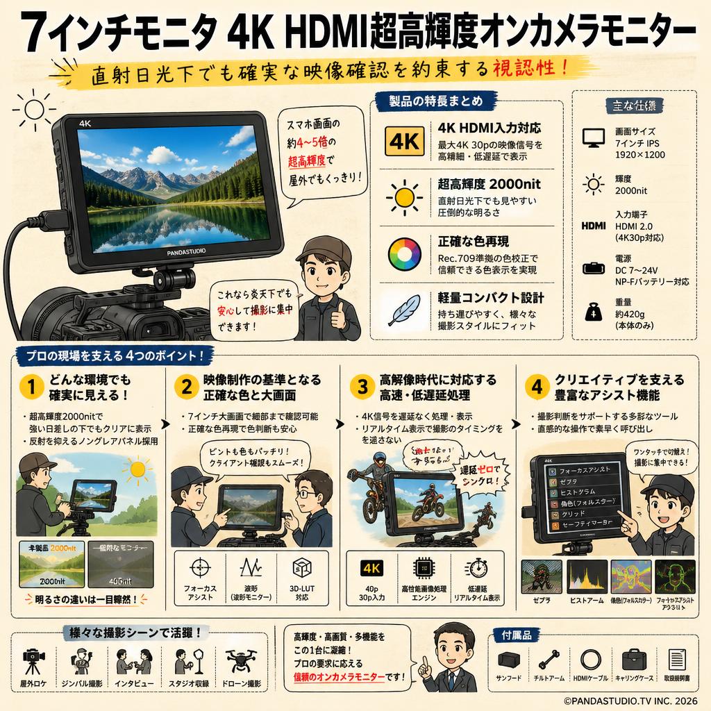 7インチモニタ 4K HDMI超高輝度オンカメラモニター 概要